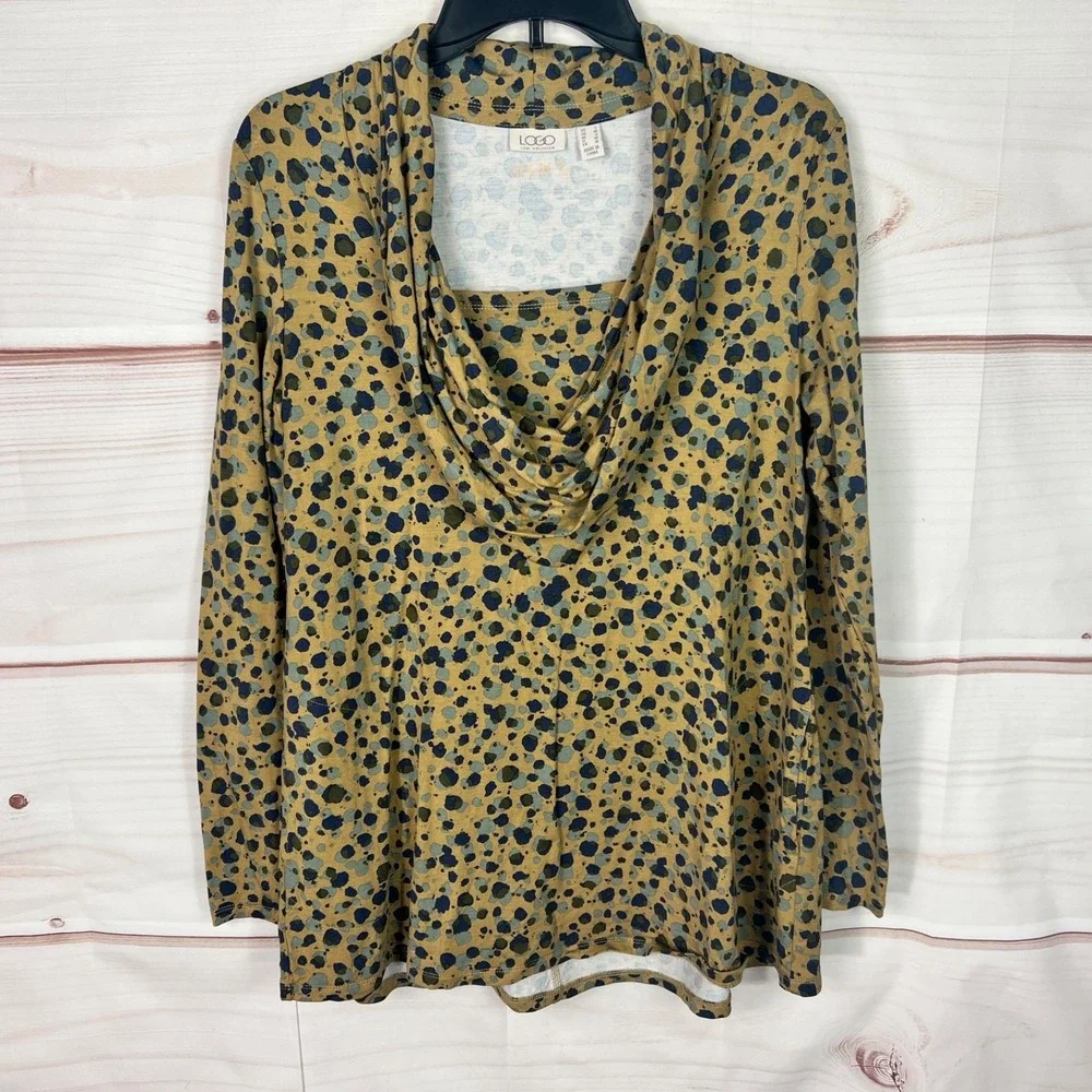 LOGO Lori Goldstein Top Womens‎ S Tan Printed Blouse Legacy Rayon 230 Cowl Neck